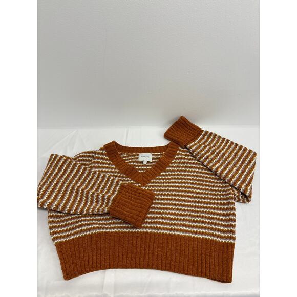 Pink Rose gold brown fuzzy knit cropped women’s sweater Large v-neck pullover - Picture 6 of 7